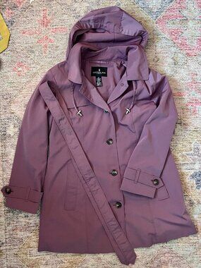 Women's London Fog Burgundy dress rain Trench Coat removable hood Large